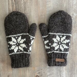 Lucy Iburg Brown Wool Mittens with Cream Snowflake Design